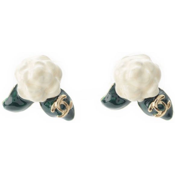 Chanel 04A Coco Mark Camellia Pierced Earrings Accessories White Green 23g - Picture 1 of 9